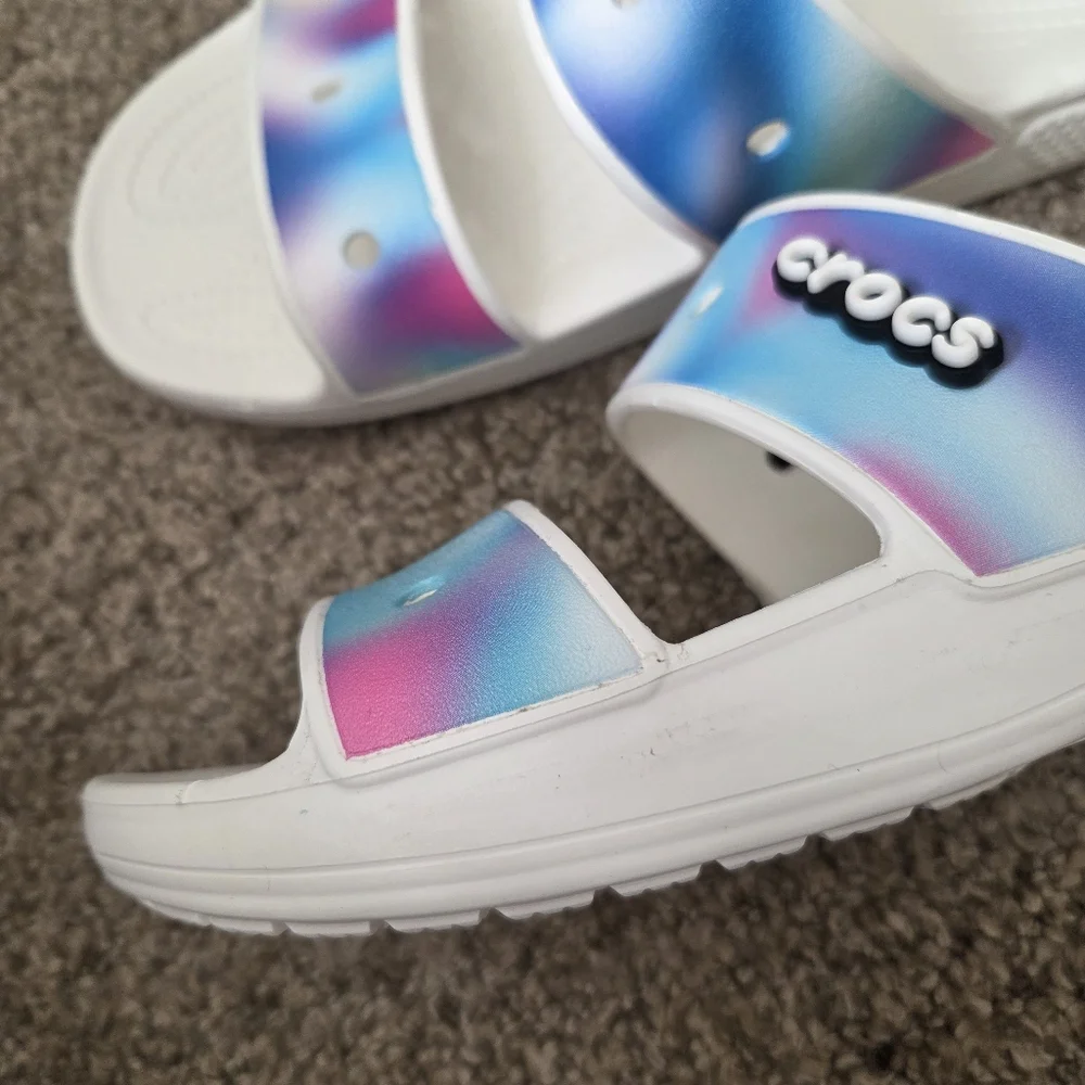 Crocs Solarized Tie Dye Two-Strap Sandals Mens Size 11 -White/Rainbow